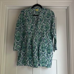 Roberta Roller Rabbit (L) 3/4 sleeve pintuck cotton tunic with beaded neckline.